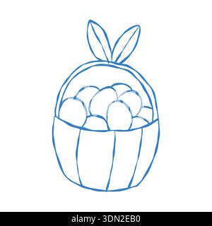 Cestino di vimini con uova di Pasqua. Bunny Ears. Illustrazione del profilo pasquale disegnata a mano in blu. Illustrazione Vettoriale