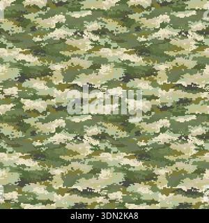 Motivo camouflage verde con effetto pixelato militare senza cuciture. Moderno schema camo di caccia Illustrazione Vettoriale