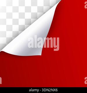 Arricciature realistiche della pagina rossa che rivelano uno sfondo trasparente, ideale per elementi di design o sovrapposizioni. Illustrazione vettoriale. Illustrazione Vettoriale