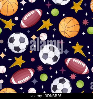 Motivo vettoriale senza cuciture con palline sportive. Calcio, football americano, baseball, pallacanestro, pallone da tennis e stelle su sfondo nero. Design per pareti Illustrazione Vettoriale