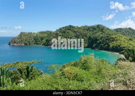 Panoramica di Englishman's Bay, sulla costa settentrionale rurale di Tobago, Indie occidentali, marzo 2025. Foto Stock