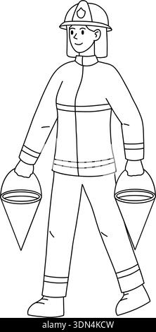 Una donna vigile del fuoco in uniforme completa va a spegnere il fuoco, trasportando secchi conici d'acqua. Icona vettoriale lineare. Illustrazione Vettoriale