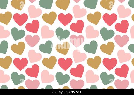 Motivo senza cuciture con cuori colorati su sfondo bianco. Design piatto romantico e divertente. Per disegni di San Valentino, confezione regalo, tessuti, carte da parati, carte, e cancelleria. Illustrazione vettoriale Illustrazione Vettoriale
