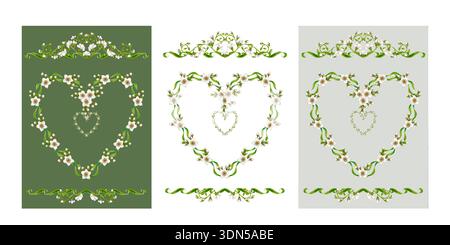 Sagome a cuore floreale con fiori bianchi, foglie verdi. Elegante set di disegni ad acquerello per matrimoni, compleanni, San Valentino, festa della mamma, saluto Foto Stock