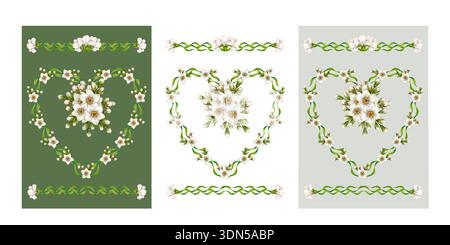 Sagome a cuore floreale con fiori bianchi, foglie verdi. Elegante set di disegni ad acquerello per matrimoni, compleanni, San Valentino, festa della mamma, saluto Foto Stock