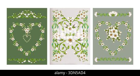 Sagome a cuore floreale con fiori bianchi, foglie verdi. Elegante set di disegni ad acquerello per matrimoni, compleanni, San Valentino, festa della mamma, saluto Foto Stock