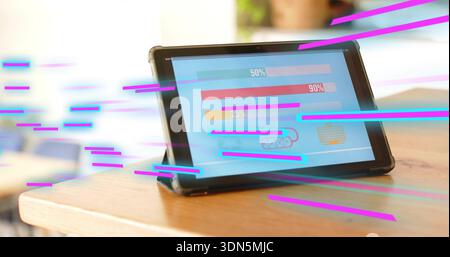 Visualizzazione di un tablet folio sul tavolino con barre di avanzamento, etichette percentuali e striature magenta ciano Foto Stock