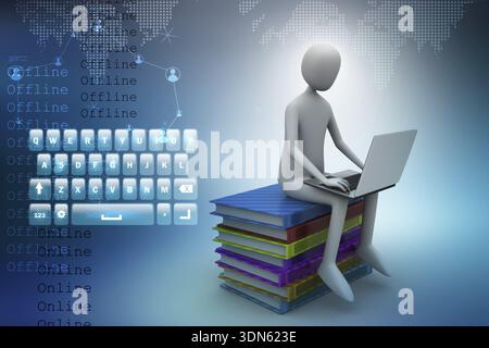 3d uomo seduto su libri e lavorando al suo computer portatile Foto Stock