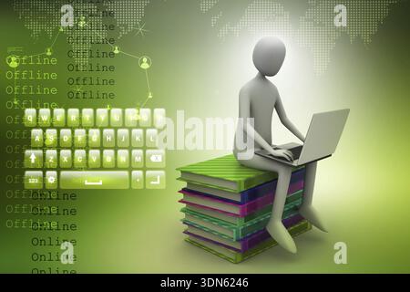 3d uomo seduto su libri e lavorando al suo computer portatile Foto Stock