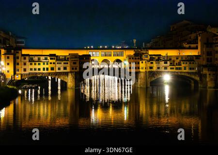 Ponte Vecchio sul fiume Arno di notte a Firenze, Italia Foto Stock