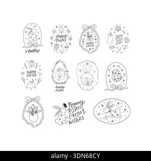 Stravagante set di spaghetti primaverili disegnati a mano a Pasqua Illustrazione Vettoriale