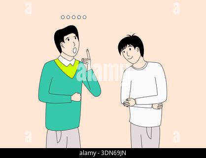 Due uomini parlano tra loro. Uno di loro indossa una camicia verde. L'uomo con la camicia verde sta pensando Illustrazione Vettoriale