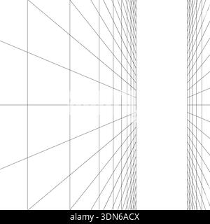 Orizzonte bianco tra pavimento a rete e soffitto nel mondo digitale. Spostamento della struttura energetica della griglia delle linee sottili. Semplice ba vettoriale dinamica in bianco e nero Illustrazione Vettoriale