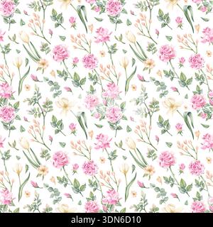 Motivo floreale senza cuciture con rosa rosa, tulipani bianchi, vegetazione ornamentale. Fiori primaverili disegnati a mano in colori pastello su sfondo trasparente Foto Stock