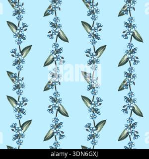 Motivo senza cuciture con fiori che non dimenticano. Illustrazione ad acquerello disegnata a mano. Su sfondo blu. Per tessuti, stampe, carta da imballaggio, tovaglioli Foto Stock