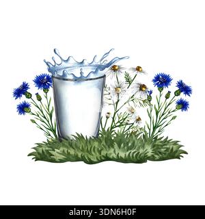 Un bicchiere di latte su un prato con fiori di mais e margherite. Illustrazione ad acquerello disegnata a mano. Immagine colorata di un prodotto sano. Perfetto per il confezionamento Foto Stock