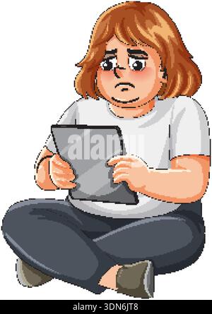 Illustrazione vettoriale di una donna triste in sovrappeso seduta a gambe incrociate che utilizza un tablet digitale Illustrazione Vettoriale