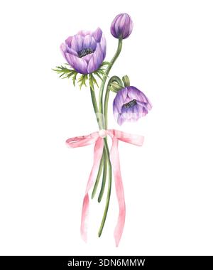 Acquerello viola anemoni bouquet di fiori con foglie verdi e un morbido fiocco a nastro rosa. Elegante illustrazione floreale su sfondo bianco isolato per Foto Stock