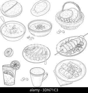 Zuppa di lenticchie e pilaf con carne, focaccia su un piatto e shashlik. Un set di piatti arabi tradizionali, isolati su uno sfondo bianco. Dolce e Am Illustrazione Vettoriale