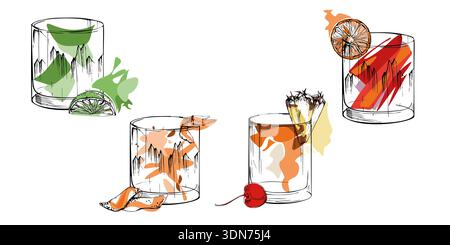 Tumbler Rocks serve cocktail classici, liquori forti, limonata o bevande rinfrescanti a base di tè ghiacciato, guarnizione di frutta. Set vettoriale disegnato a mano con linea di inchiostro per Illustrazione Vettoriale