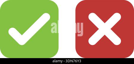 Segno di spunta verde minimalista e icone a croce rossa su sfondi quadrati arrotondati, perfetto per design dell'interfaccia utente, indicatori di approvazione, messaggi di errore e moderne interfacce digitali. icona segno di spunta. Simbolo della croce rossa. Correggere le icone errate. Elementi di feedback dell'interfaccia utente. Pulsante con segno di spunta verde Illustrazione Vettoriale