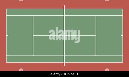 Illustrazione stilizzata del campo da tennis dall'alto con superficie verde e bordo rosso in stile piatto, ideale per presentazioni, materiali didattici e contenuti digitali sportivi. Campo da tennis piatto. Vista dall'alto del campo da tennis. Design da tennis minimalista. Grafica del campo da tennis Illustrazione Vettoriale