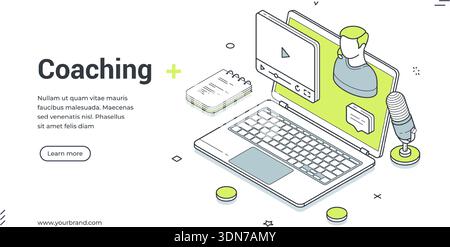 Banner Web per il coaching online e l'e-learning. Illustrazione vettoriale isometrica della formazione aziendale. Modello moderno per una landing page con notebook e microfono Illustrazione Vettoriale