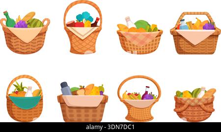 Cestino da picnic. Cesti di vimini cartoni animati con diversi alimenti per mangiare all'aperto. Verdura, frutta, bottiglia di latte di vino, pane, formaggio e acqua. Camper Illustrazione Vettoriale