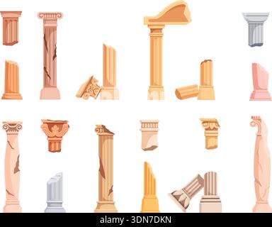 Colonna cartoni animati rotta. Antiche colonne greche romane, rovine di un antico tempio, palazzo, porte ad arco. Elementi architettonici classici, rovine storiche Illustrazione Vettoriale