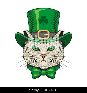 Personaggio di gatto in stile vintage con cappello verde leprechaun e papillon. Illustrazione festiva del giorno di San Patrizio per manifesti, biglietti, adesivi e disegni delle feste. Grafica vettoriale EPS10. Illustrazione Vettoriale