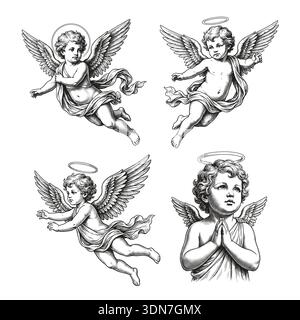 Set di illustrazioni di cuccioli in stile incisione vintage. Angeli classici isolati su sfondo bianco. Perfetto per San Valentino, poster romantici, biglietti e branding. Grafica vettoriale EPS10. Illustrazione Vettoriale