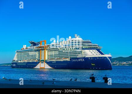 Ottobre 2025; Vigo, Galizia, Spagna: Il Celebrity APEX si avvicina al molo delle navi da crociera di Vigo, dissuasori in primo piano Foto Stock