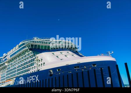 Ottobre 2025; Vigo, Galizia, Spagna: Nave da crociera Celebrity APEX prua e ponte visto attraverso la recinzione del porto con la luna in cielo limpido Foto Stock
