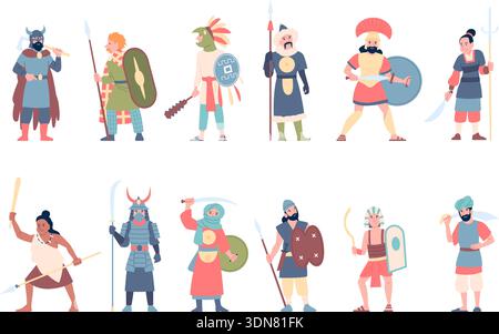 Guerrieri etnici nativi. Personaggi guerrieri multietnici con arma. vichinghi scandinavi, tribù africane, indiani americani e samurai asiatici, di recente Illustrazione Vettoriale