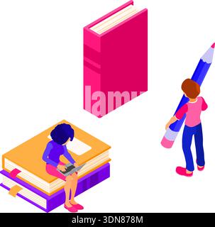 Formazione online o esame a distanza con carattere isometrico corso Internet e-learning da ragazzi e ragazze a casa che studiano online su laptop isometrico educa Illustrazione Vettoriale