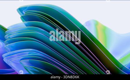 Design astratto con forme curve traslucide verdi e blu sovrapposte. Illustrazione, rendering Foto Stock