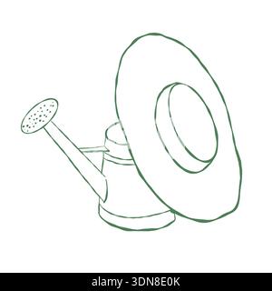 Una lattina da innaffiare e un cappello. Illustrazione del contorno vettoriale in verde. Concetto di giardinaggio. Clip art primavera ed estate isolate su sfondo bianco. Illustrazione Vettoriale