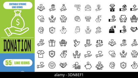 Set di icone della linea di donazione per beneficenza, raccolta fondi, donazione, crowdfunding, supporto, filantropia, lavoro volontario, illustrazione vettoriale traccia modificabile Illustrazione Vettoriale