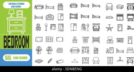 Set di icone della linea camera da letto per interni, zona notte, mobili, letto, comodino, lampada, armadio, spazio abitativo accogliente, vettore traccia modificabile Illustrazione Vettoriale