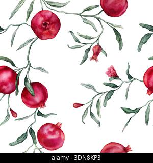 Motivo senza cuciture con illustrazione ad acquerello del melograno con fiori rosa. Stampa dipinta a mano con rametto di frutta tropicale con foglie verdi Foto Stock