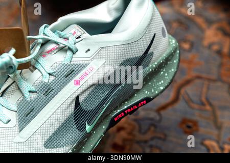 Parigi, Francia - 11 gennaio 2026: Primo piano delle nuove scarpe da trail running Nike Athletic con tomaia in mesh, logo in Swoosh, lacci turchesi e tecnologia impermeabile Gore-Tex con suola a macchie. Foto Stock