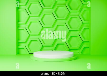 Podio rotondo bianco con sfondo verde a nido d'ape Foto Stock