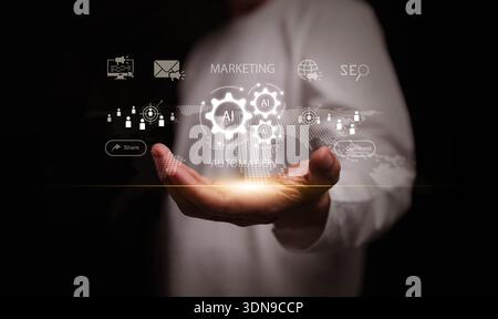 Concetto di automazione del marketing. Sistema automatizzato basato sull'intelligenza artificiale con mercato digitale, SEO, analisi dei dati globali, piattaforma di coinvolgimento dei clienti, l Foto Stock