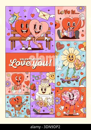 Valentine Groovy Love Heart Characters poster funky, vettoriale San Valentino. Cartoni animati retro y2k cuori, divertenti fiori a margherita e simpatiche maschere per torte poster con regali e caramelle di San Valentino Illustrazione Vettoriale