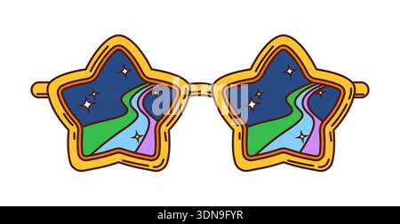Occhiali da sole cartoni animati dalla forma originale con montature gialle a stella e colorati percorsi psichedelici cosmici e scintillanti scintillanti scintillanti all'interno delle lenti. Accessorio funky Vector retro hippie y2k Illustrazione Vettoriale