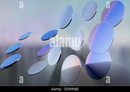 Sfondo 3D astratto con dischi in vetro fluttuanti e riflessi luminosi iridescenti. Foto Stock