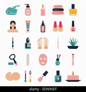 Set iconico di trattamenti estetici e spa con elementi per la cura della pelle e del benessere Vector Illustrazione Vettoriale
