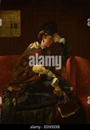 Presso la stazione ferroviaria di Alfred Stevens, c. 1874, una donna elegantemente vestita con un piccolo cane seduto nell'area d'attesa, posa contemplativa con abbigliamento alla moda Foto Stock