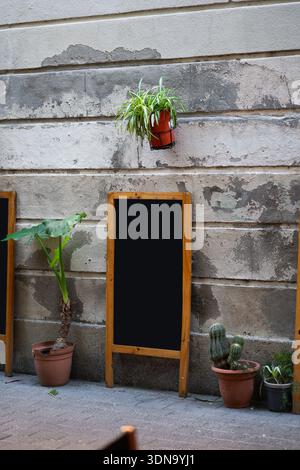 Tabellone bianco in legno accanto alle piante in vaso su un marciapiede Foto Stock