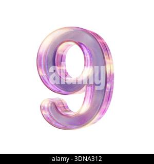 Carattere in vetro iridescente rosa viola numero 9 illustrazione di rendering 3D isolata su sfondo bianco Foto Stock